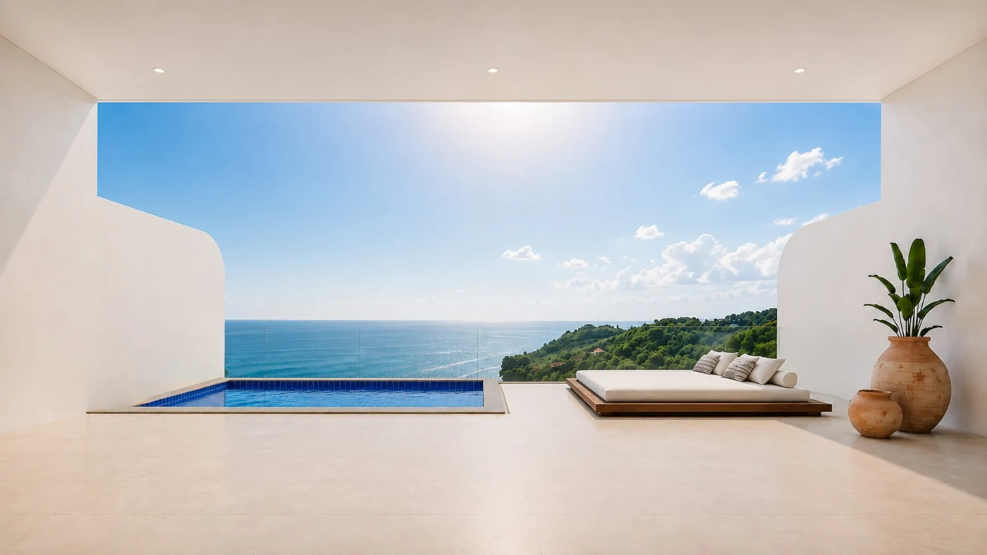 Rendu architectural de la piscine d’Elements Villas face à l’océan